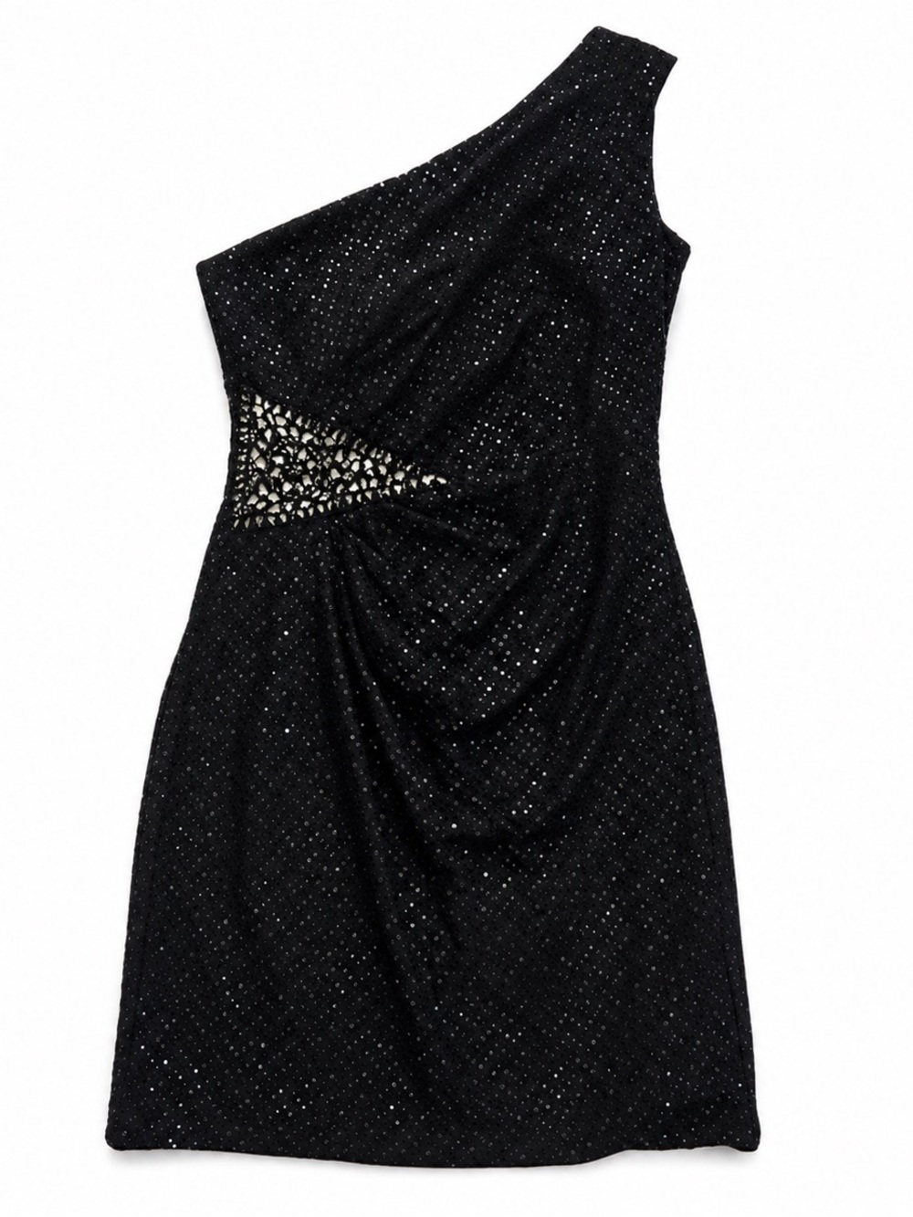 Asymmetric One-Shoulder Black Sparkle Dress with Cutout